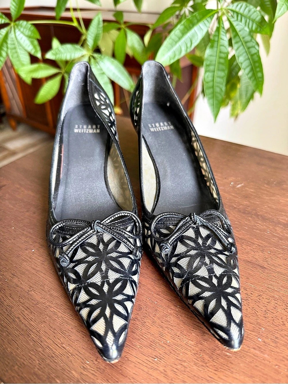 Stuart Weitzman Pointed Toe Kitten Heels in Black & Silver